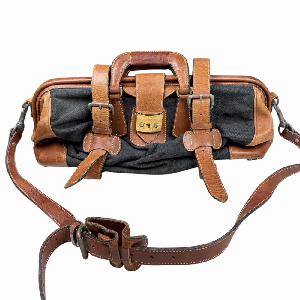 Vintage USA Holland Black Canvas / Brown Leather Gladstone, Doctor Bag w‎ Strap